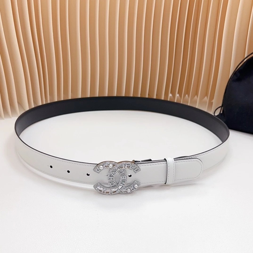 Chanel Belt Women's Belt Belt3.0cm Official Website New,Double-Sided Head Layer Cowhide Leather,Length:.75.80.85.90.95.100Europe,Copper Hardware Drill Buckle Original Mold Opening Customization