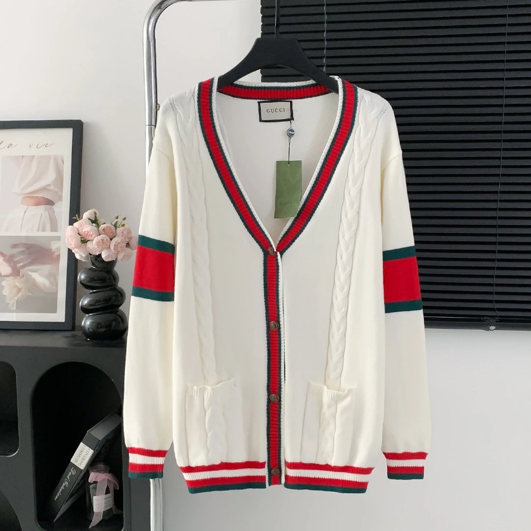 Gucci Sweater Cable Knit V Cardigan Sweater25ss Spring New Men's and Women's Same Style Long Sleeve Soft Lazy Style Jacket OS Loose Fit Versatile Casual