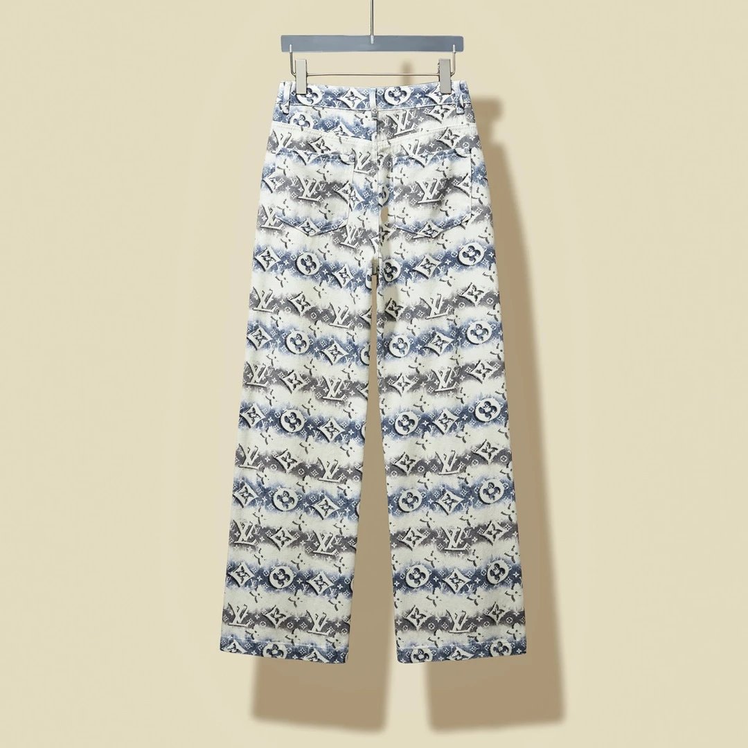 Louis Vuitton LV Jeans Taillight Gradient Denim Gradient Full Print logo Acetate Casual Denim Long Pants for Women Versatile