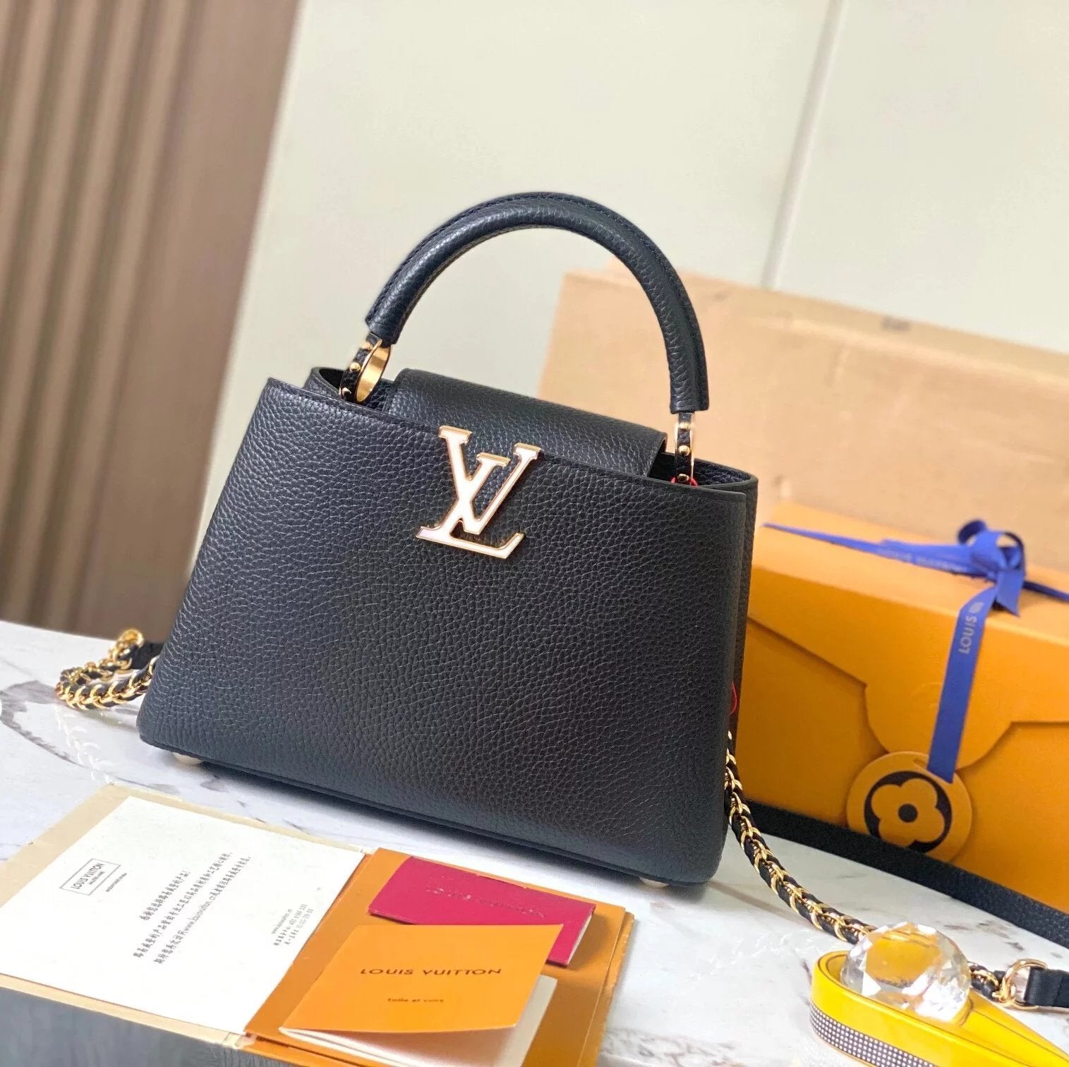 Louis Vuitton LV Women's Bag Top version 【Real Original Version Hardware】M23330M23331M23332Mini Black Corolla CapucinesFlowerCrown Handbag Is Full Grain Taurillon Leather Embellishment Monog Leather Bag mini Handbag