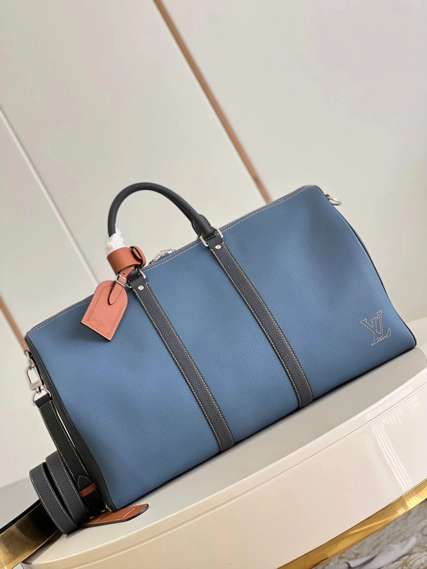 Louis Vuitton LV Travel Bag Top version 【Original Real Shot】M21377KEEPALLBANDOULIèRE50Travel Bag Color Matching Blue New Men's Traveling Bag Luggage Bag Gym Bag Business Bag