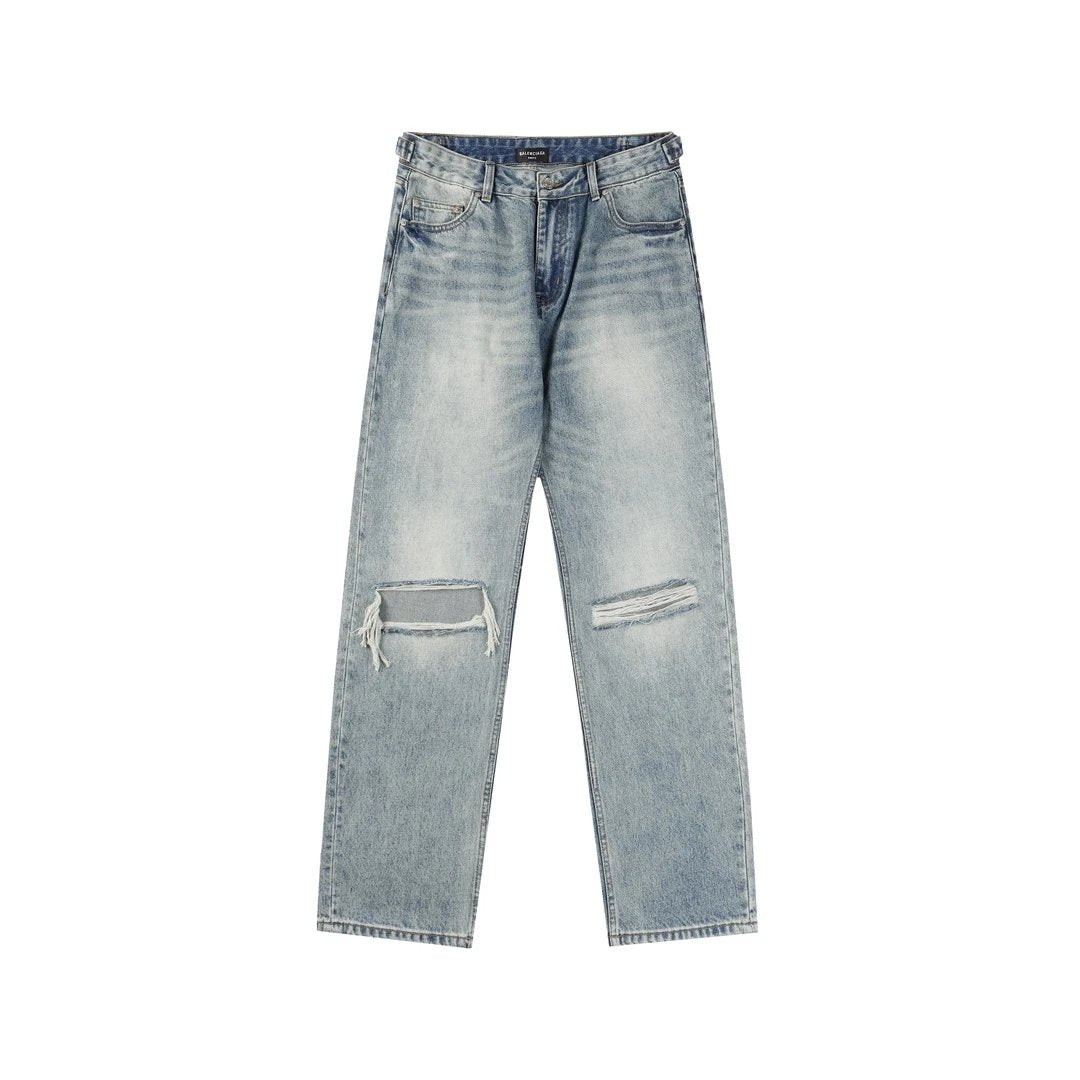 Balenciaga Jeans Washed Horsehair Cat Whisker Cut Straight Blue Jeans Autumn Winter New Unisex Loose Casual Wide Leg High Waist Pants