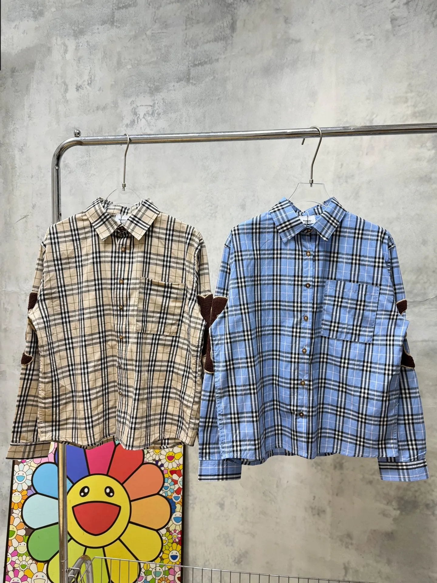 Burberry Shirt Embroidered Patch Classic Plaid Shirt Casual Loose Versatile Turn-down Collar Long Sleeve Shirt Unisex Inner Layer24ss Autumn and Winter New Products