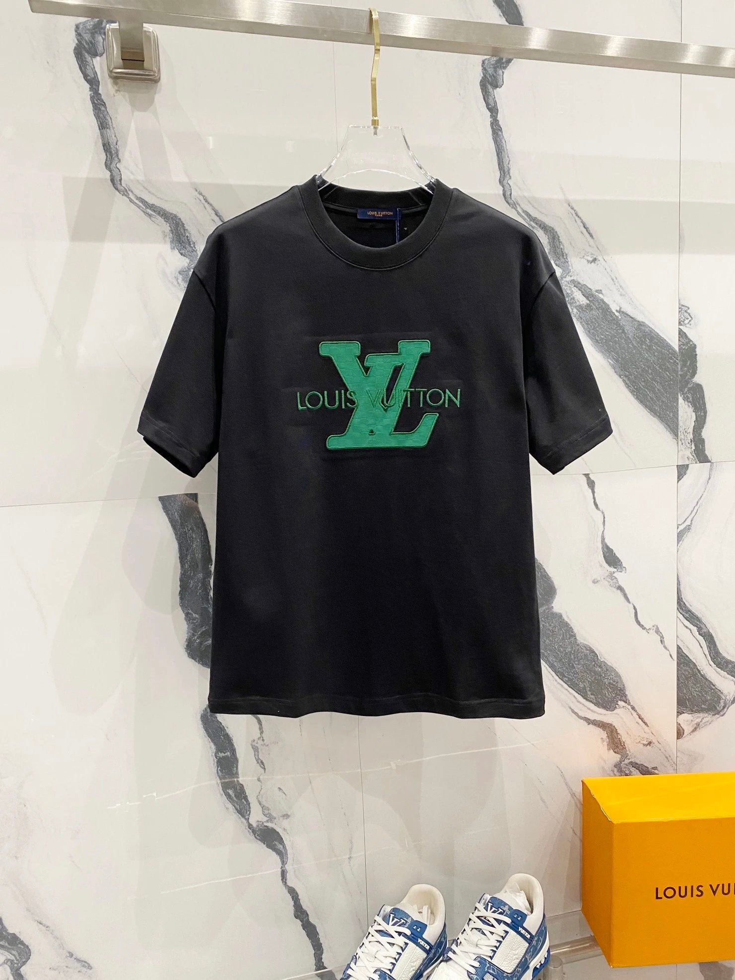 Louis Vuitton LV T-shirt Green Checkered Letter Embroidery LOGO Logo Crew Neck Short Sleeve Pure Cotton Unisex T T-shirt OS Loose Fit Casual T-Shirt