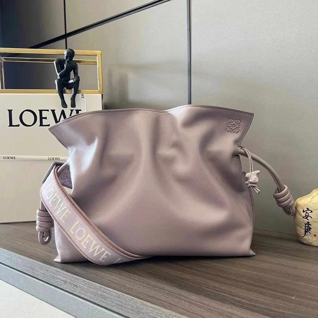 LOEWE Women's Bag Top version 【Original Leather Hardware】23New Flamenco Lucky Bag Clutch Bag Wide Shoulder Strap Lucky Bag Bag Drawstring Bucket Bag Original Napa Cowhide with Same Color Bunny Hanging Ornaments23New Lucky Bag Women's Bag