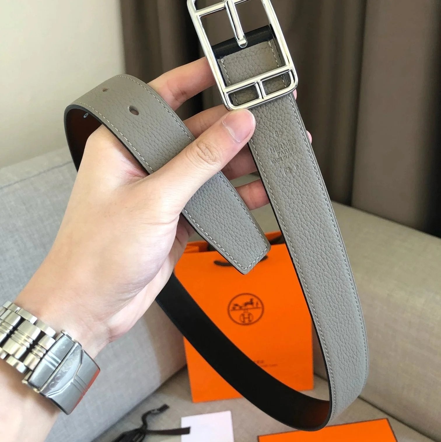 Hermes Belt Top version Men's Women's Belt Genuine Leather Double-Sided Belt Italy Imported First Layer Cowhide Leather Pure Original Leather Pure Steel Buckle h Home Unisex3.2cm Wide