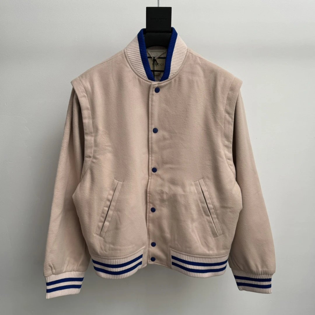 Gucci Jackets New Embroidered Striped Wool Baseball Jacket Two-Way Wear Detachable Sleeves Vest Cardigan Unisex Coat24ss Autumn and Winter New Products