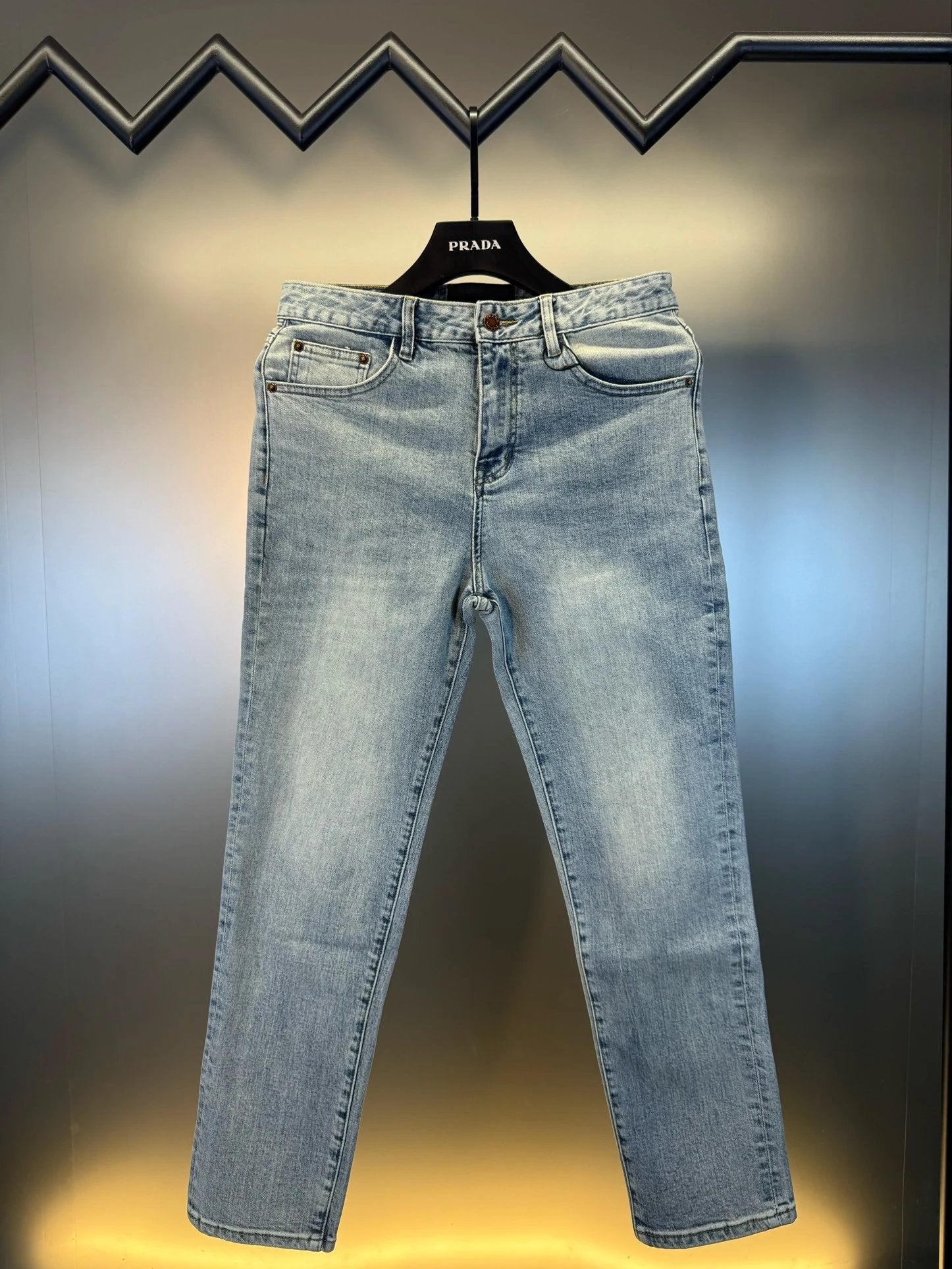 PRADA Jeans Washed Black Label logo Washed Blue Jeans Autumn Winter New Unisex Straight Long Pants Loose Casual Wide Leg High Waist