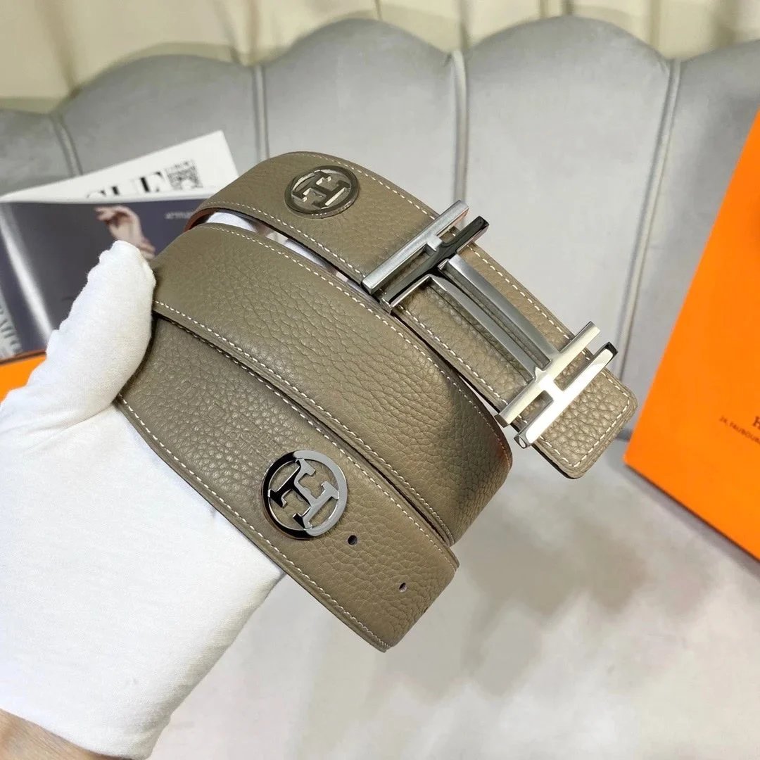 Hermes Belt Top version Men's Women's Belt Genuine Leather Double-Sided Belt Italy Imported First Layer Cowhide Leather Pure Steel Buckle h Home Unisex3.8cm Wide
