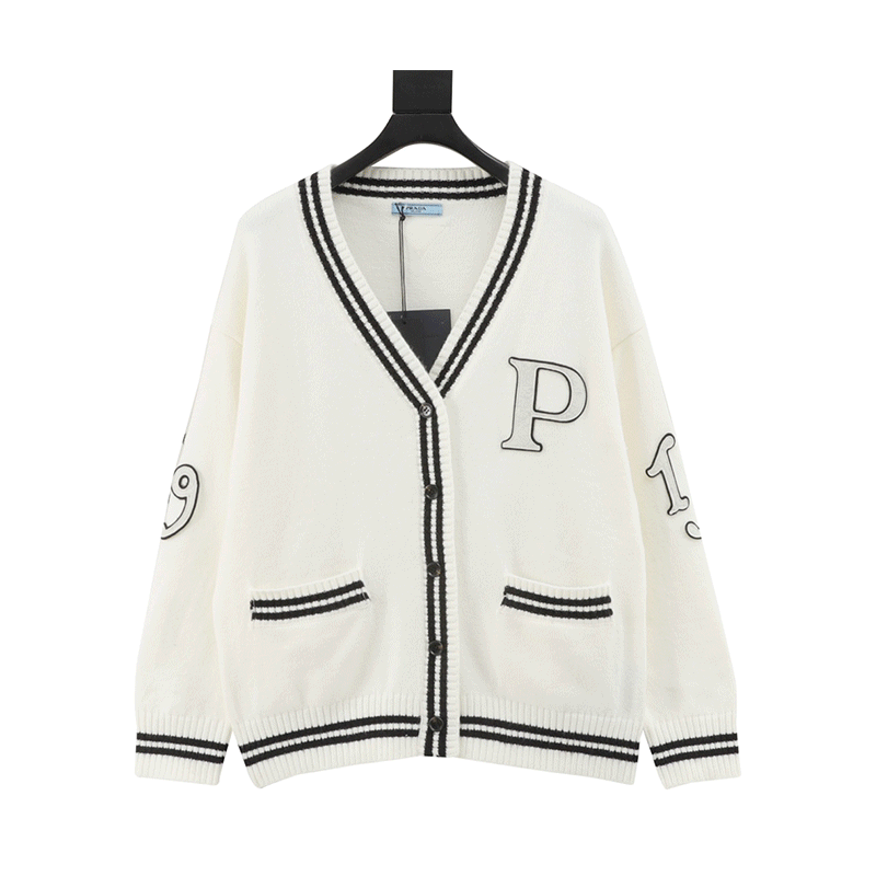 PRADA Sweater Affixed Cloth Embroidered College Style Cardigan Sweater for Men and Women