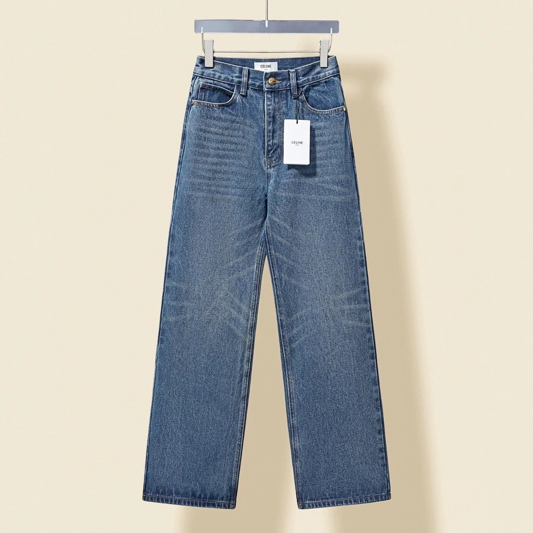 Celine Jeans Cat's Whisker Washed Genuine Leather Back Pocket Denim Pants Women Versatile Casual