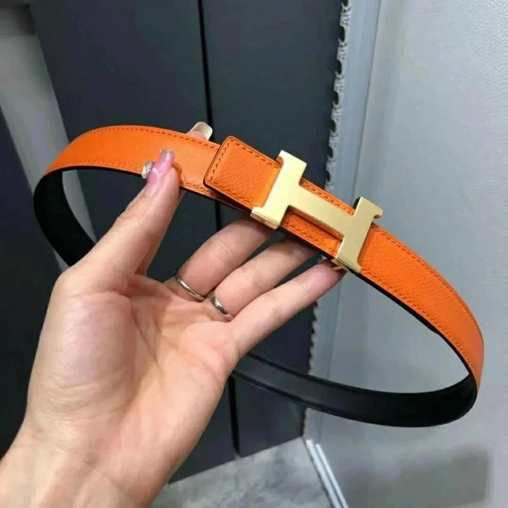 Hermes Belt Top version High Quality Women's Belt First Layer Calfskin Double-Sided Letters h Buckle Casual All-Match Belt2.4cm