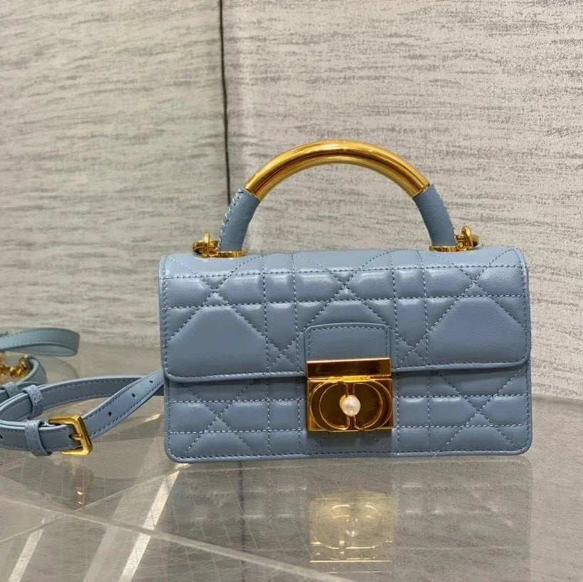 Dior Women's Bag Top version 【Original Leather Premium Quality】2024Latest Ange Chain Bag Signature Oversized Rattan Plaid,Metal Handle Bag Handbag Pearl Chain Bag Ange Handbag Chain Women's Bag