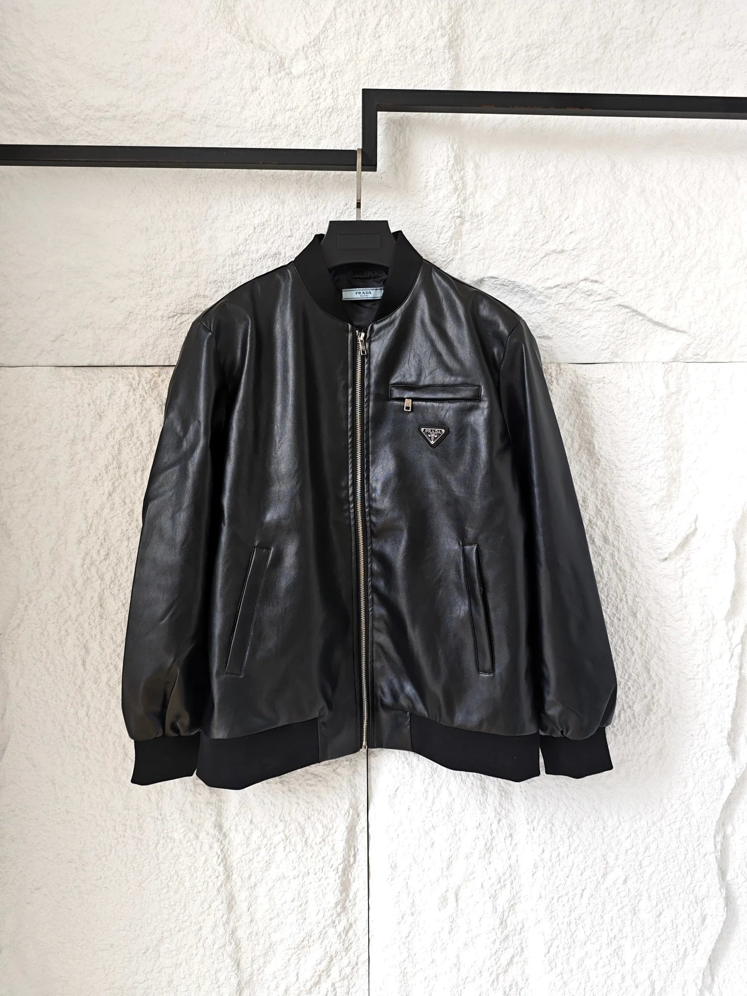 PRADA Jackets Leather Motorcycle Jacket Triangle Logo Leather Flight Jacket Light Luxury Y2K Style Unisex Jacket