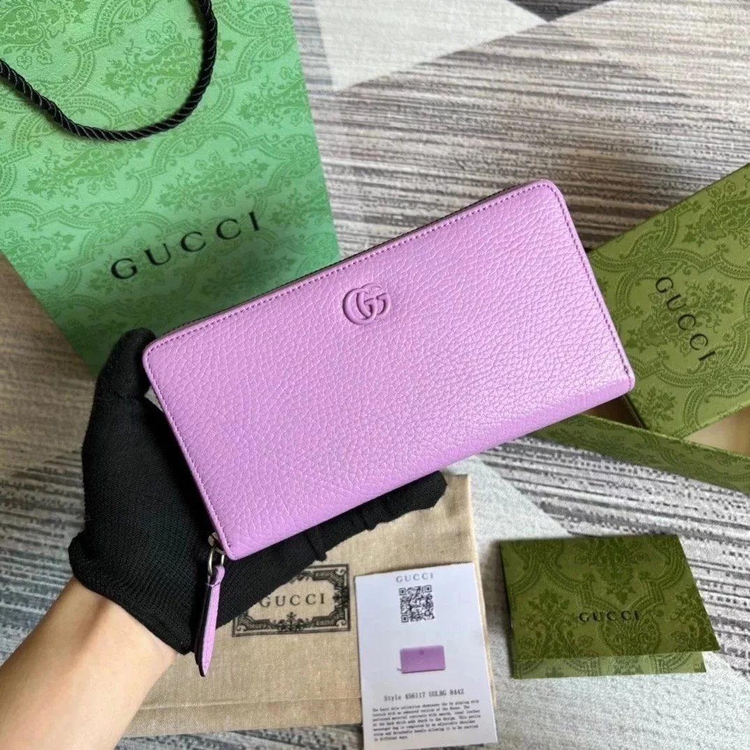 Gucci Wallet Top version 【Original Leather】2022New Wallet Gucci New Ma Meng Wallet Marmont Series Zipper Long Purse Full Leather Leather Wallet Long Purse Briefcase Handbag New Color Purple456117