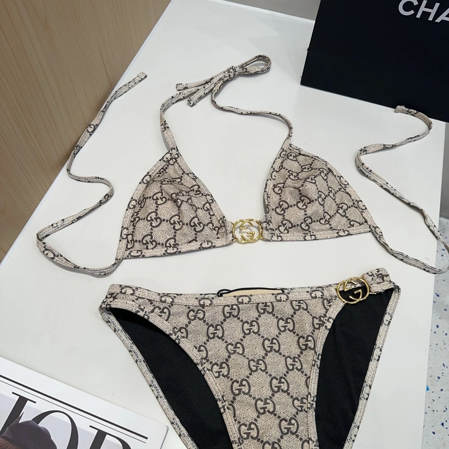 Gucci Swimsuit Full Print Jacquard Bikini Swimsuit Sexy Small Chest Gathered Beach Pool Backless White Women's Swimwear Vacation Hot Spring