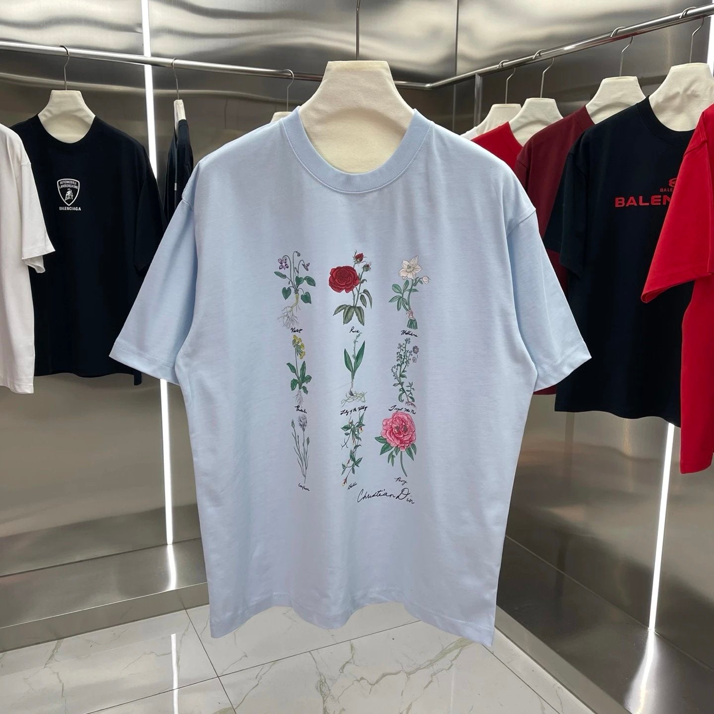 Dior T-shirt Chest Flower Print logo round Neck Short Sleeve25ss New pure cotton T Unisex T-Shirt OS Loose Fit Base Shirt Top Half Sleeve T-Shirt