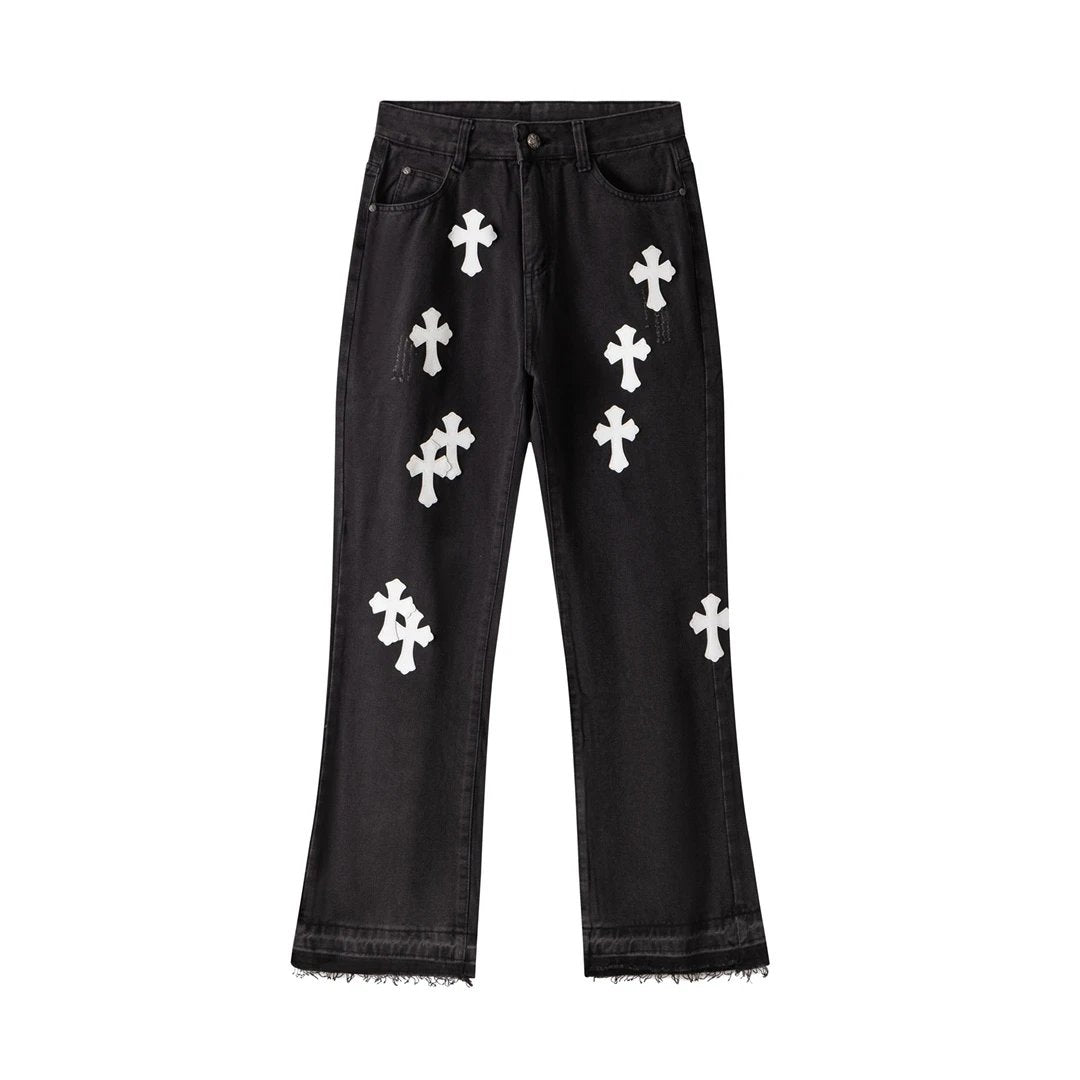 Chrome Hearts Jeans Patchwork Black Jeans Autumn Winter New Unisex Straight Long Pants Loose Casual Wide Leg High Waist