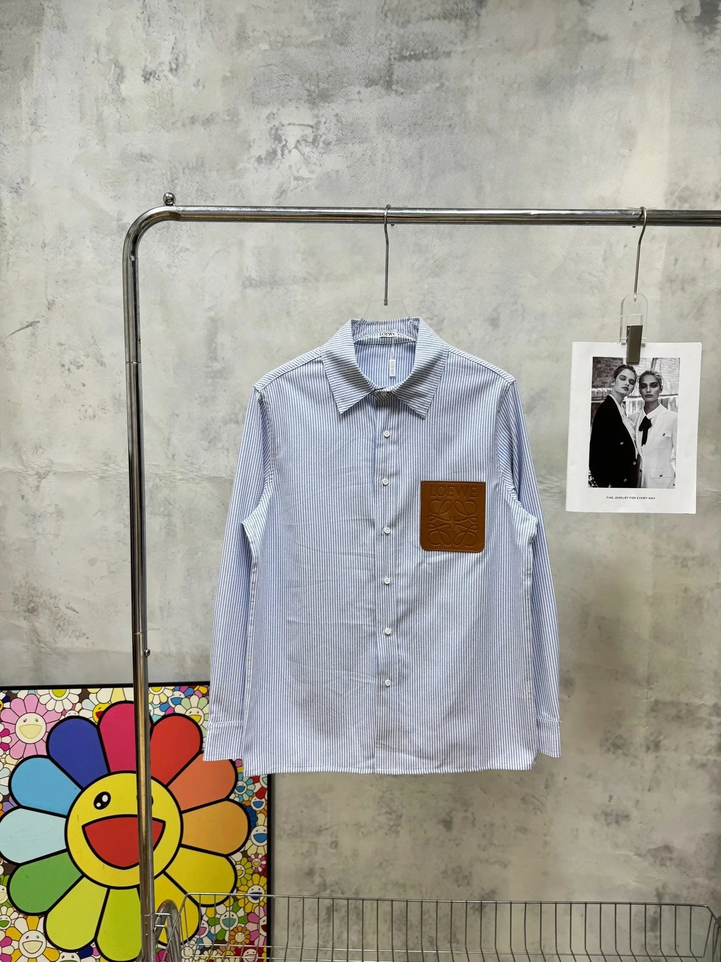 LOEWE Shirt Pocket Button Striped Shirt Loose Casual Long Sleeve Shirt with Leather Label os Cardigan Jacket Unisex Inner Layer24ss Autumn and Winter New Products