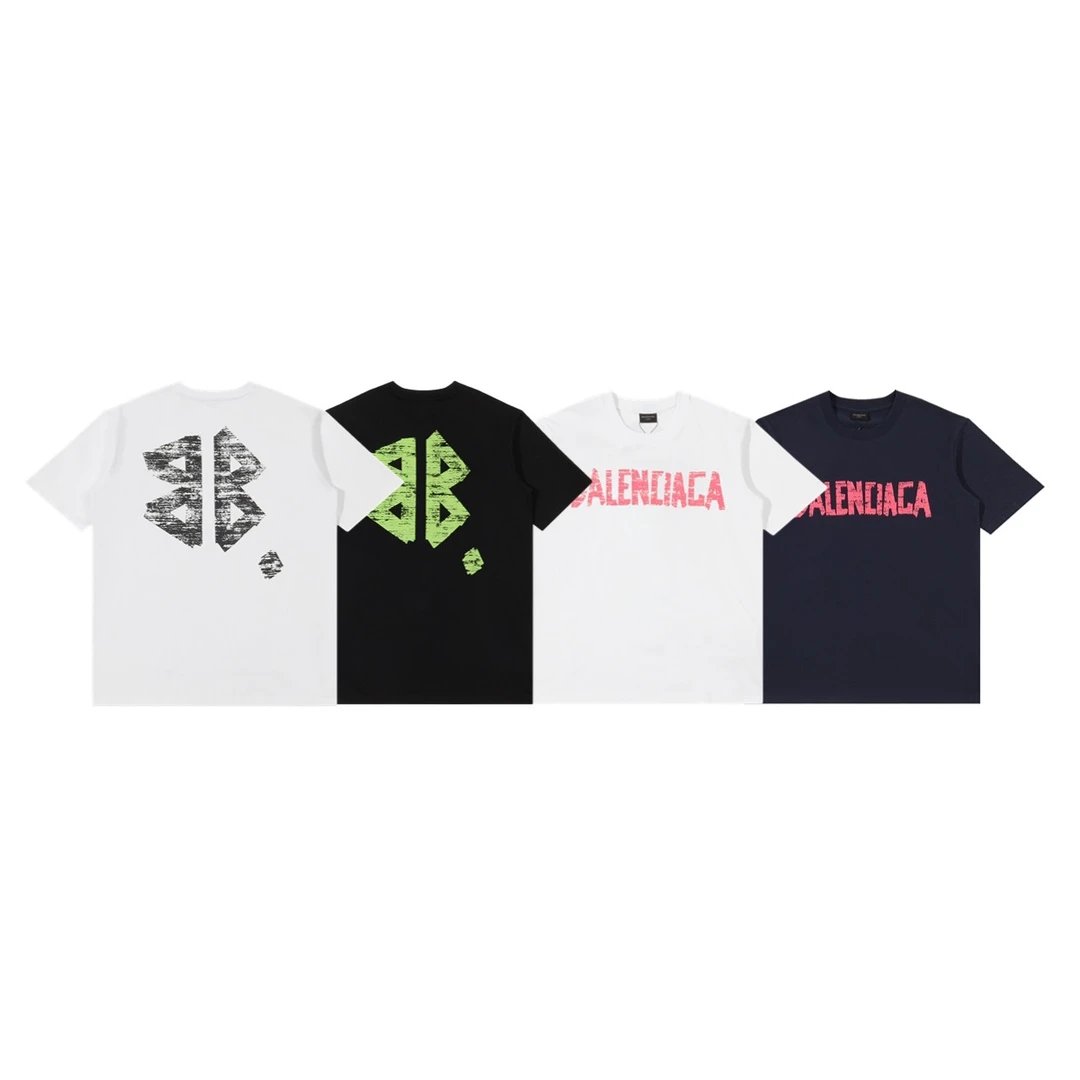 Balenciaga T-shirt Front and Back Crayon Letter Print logo round Neck Short Sleeve25ss New Pure Cotton Unisex Style T T-shirt OS Loose Fit Base Shirt Half Sleeve T-Shirt Top Half Sleeve