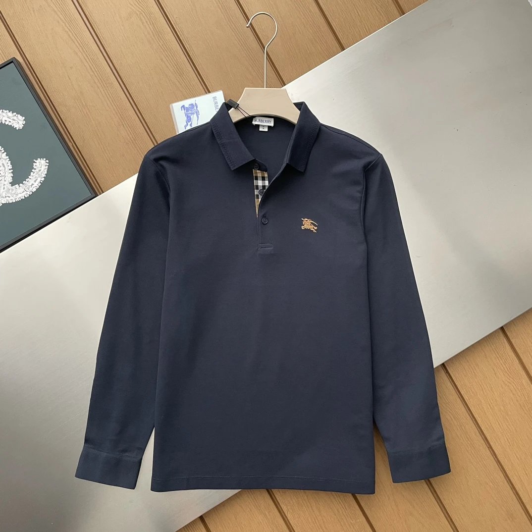Burberry Hoodie 100% Cotton Pique Mesh Embroidered Loose Men's Long Sleeve POLO Classic Long Sleeve Turn-down Collar Shirt