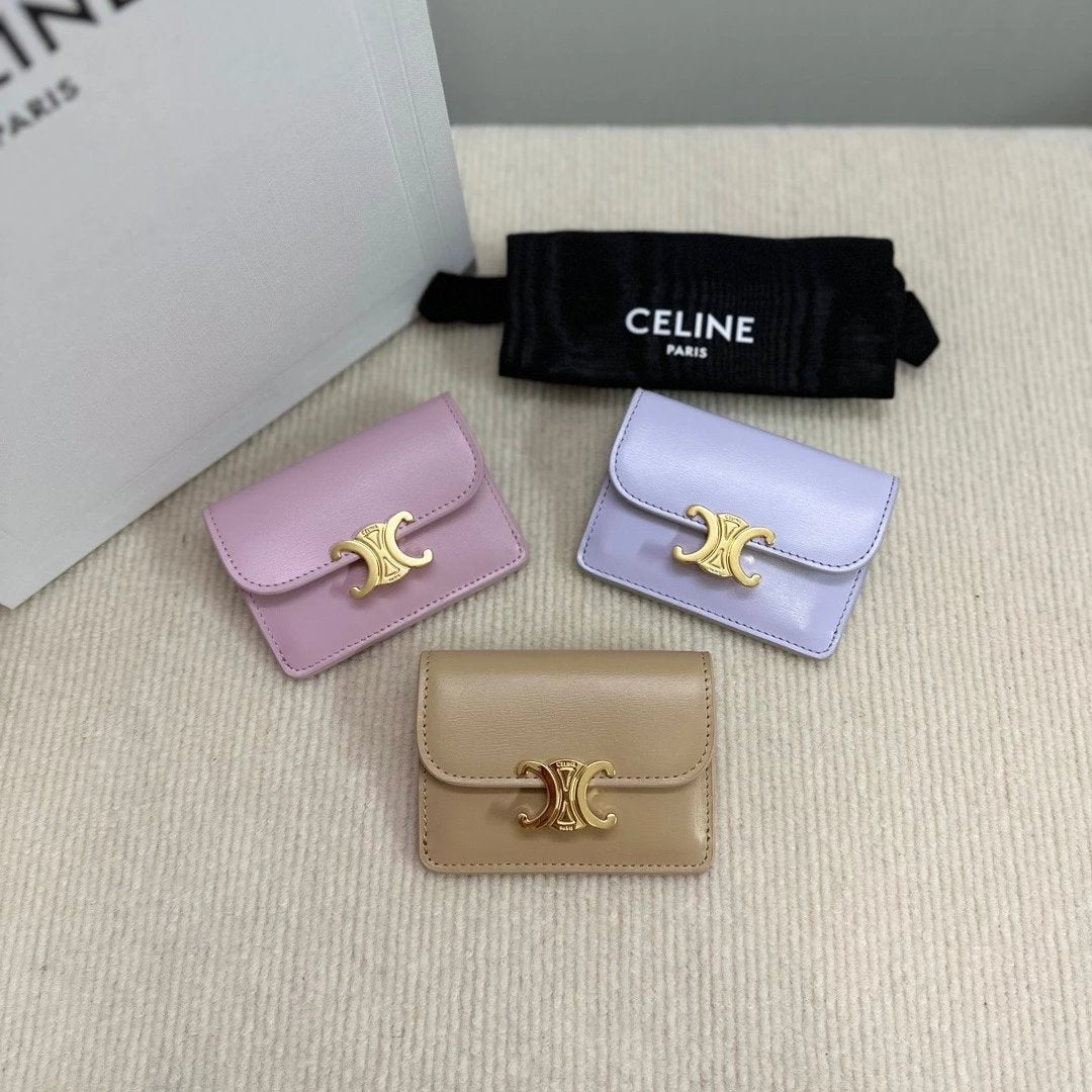 Celine Wallet Top version 【Super Original Leather】New Arc De Triomphe Card Holder Card Holder Card Clamp Cow Leather Lining TRIOMPHE Snap Button Closure,Built-in4One Card Slot,1One outside Card Slot.Easy to Carry outside