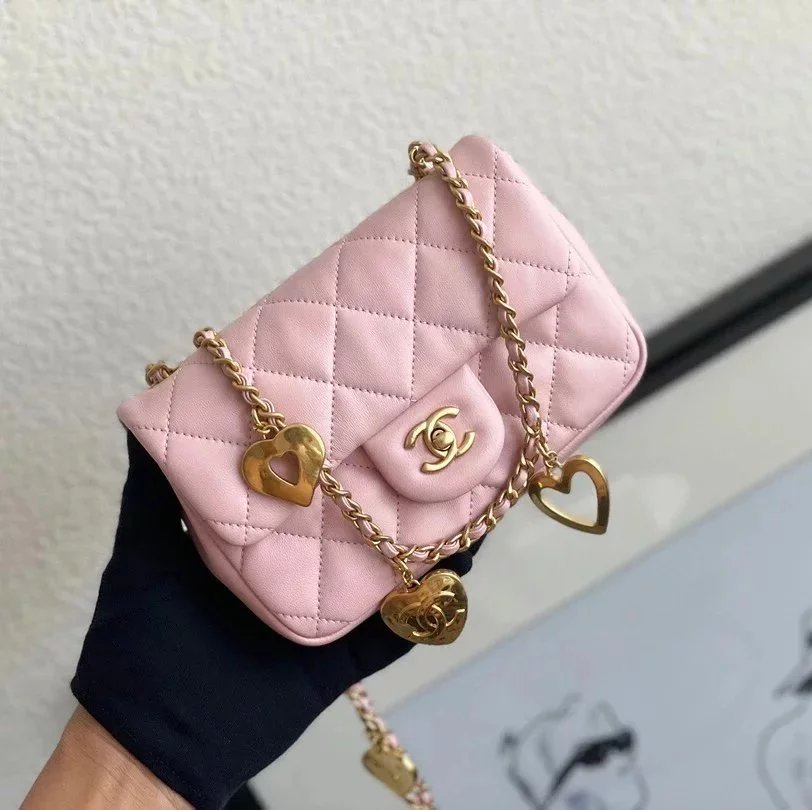 Chanel Women's Bag Top version 【Original Leather Products】2022New Chinese Valentine's Day Love Chain Bag Big Mini Fat Fang CF Bag Heart-Shaped Chain Flap Bag Peach Heart Ornaments New Women's Bag Crossbody Bag