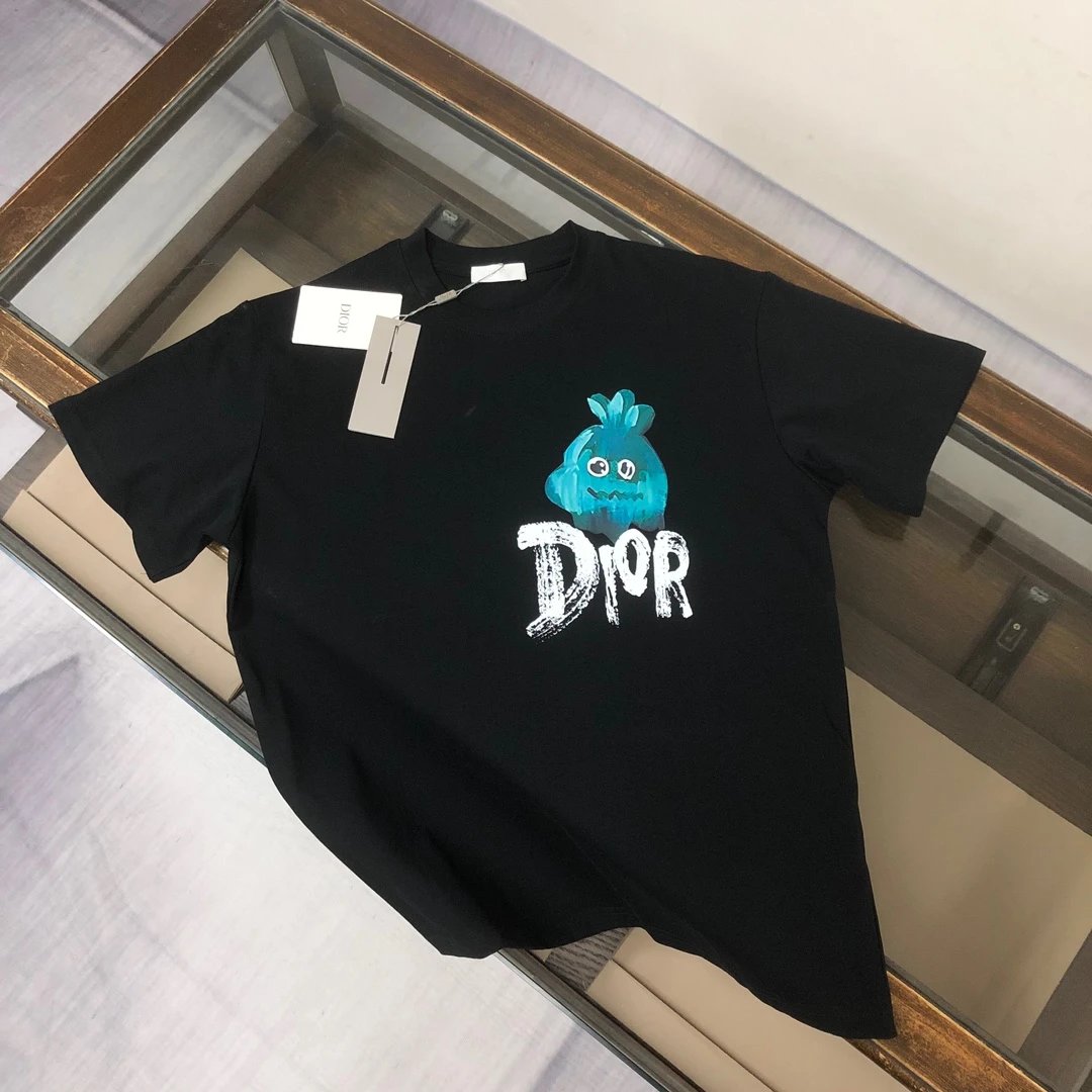 Dior T-shirt Cartoon Pattern Print on the Chest logo round Neck Short Sleeve25ss New Pure Cotton Unisex Style T Casual T-Shirt Base Layer Shirt OS Loose Fit Half Sleeve Top Plus Size
