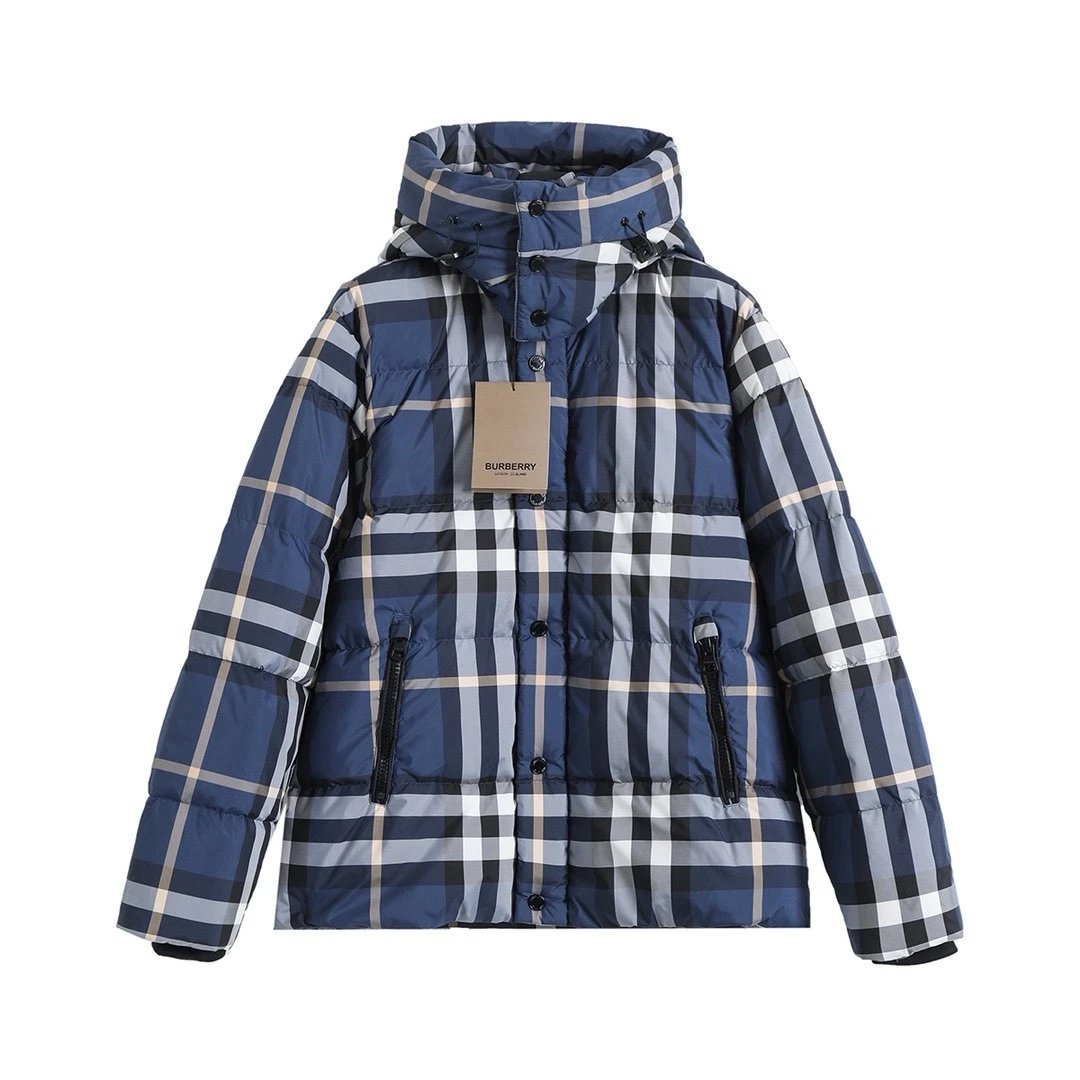 Burberry Down jacket Classic Blue Plaid Hooded Down Jacket400Gram90White Duck Down Thickened Warm Puffer Jacket for Men and Women Same Style24ss New Winter Products