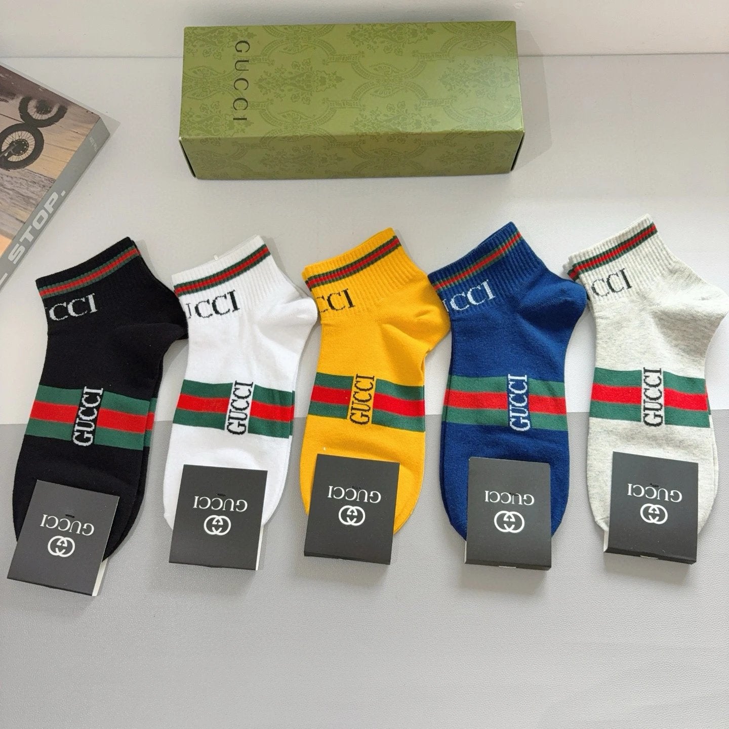 Gucci Sock 【Five Pairs Per Box】Classic Letter Breathable Fashion25ss New Short Tube Cotton Socks Thin Business Sports Casual Spring Summer Autumn Versatile Deodorant Sweat-Absorbing