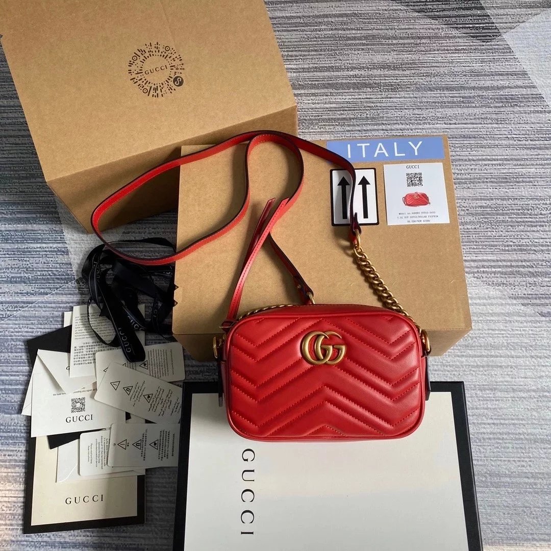 Gucci Women's Bag Top version 【 **Original Leather】Classic Ma Meng Camera Bag Marmont Series Camera Bag Crossbody Bag Large Small Size Size2023New Color Black Hardware Chain Shoulder Bag Large24cm Small Size18cm44763263493644806