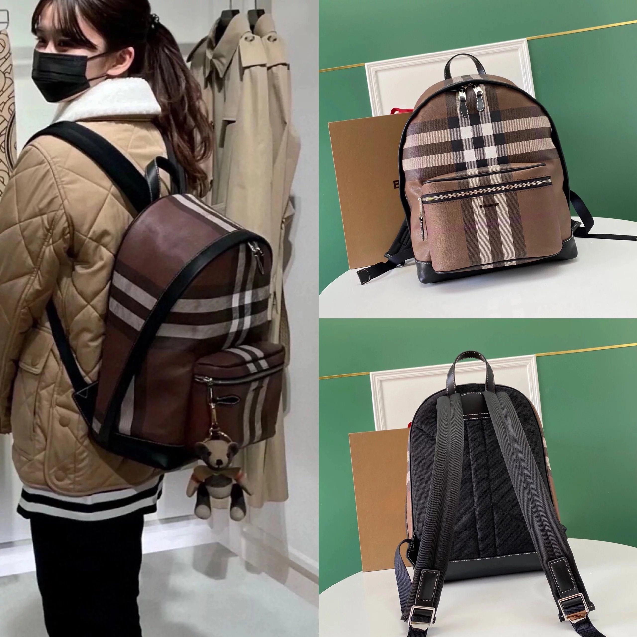 Burberry backpack Top version 23New Floral Print Birch Brown Plaid Backpack Plaid Eco-friendly Canvas Backpack Schoolbag Unisex Backpack30.5x14.5x42.5cm