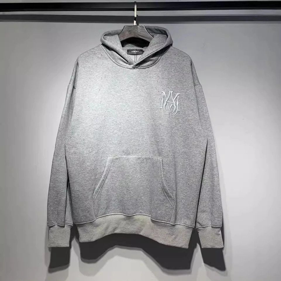 Amiri Hoodie 2024Autumn and Winter New Ripped Embroidered Letters Velvet Padded Hooded Sweatshirt Same Style for Men and Women