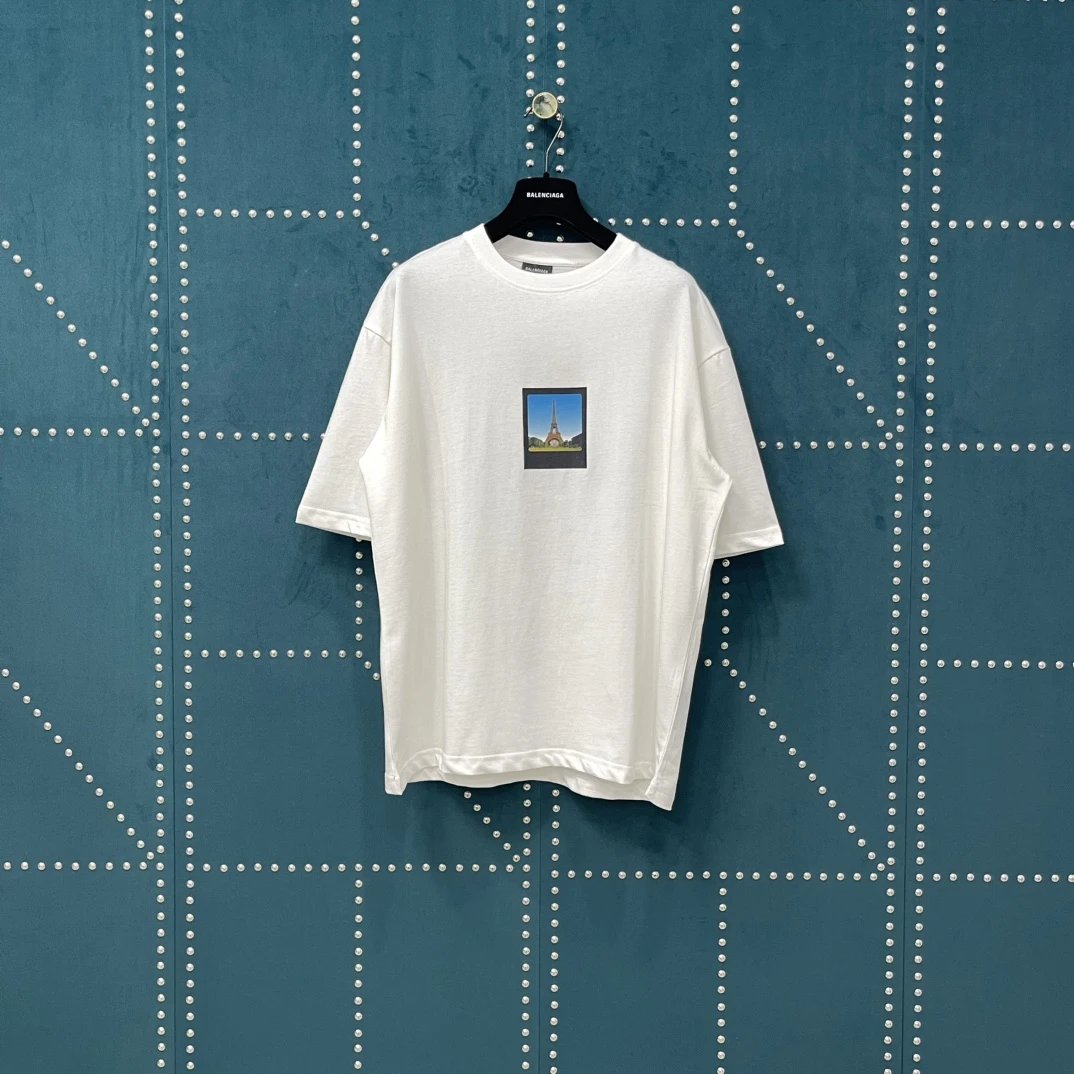 Balenciaga T-shirt Paris Eiffel Tower Print on the Chest logo round Neck Short Sleeve25ss New Pure Cotton Unisex Style T T-shirt OS Loose Fit Base Shirt Half Sleeve T-Shirt Top Half Sleeve