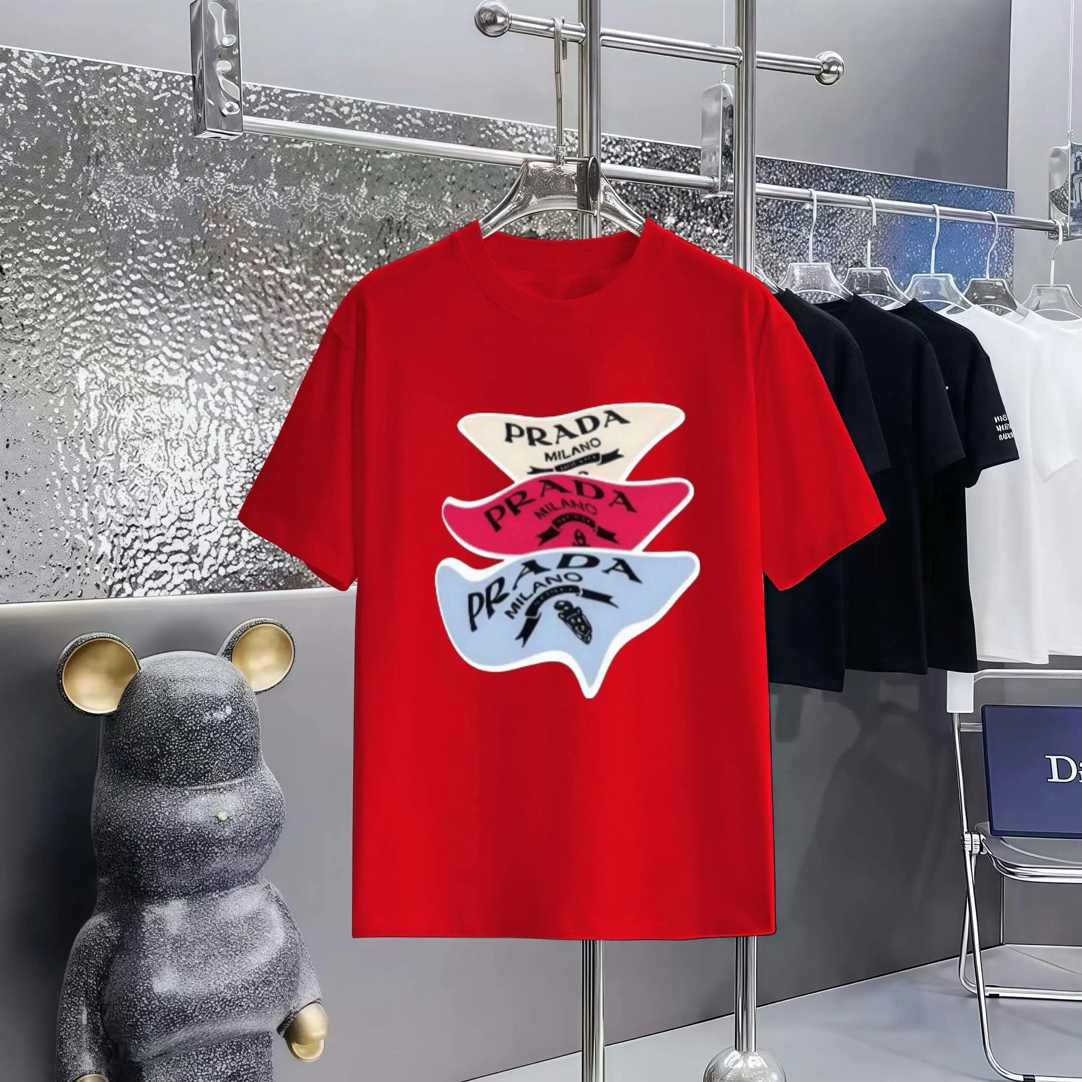 PRADA T-shirt Chest Brand Print logo round Neck Short Sleeve25ss New Pure Cotton Unisex Style T T-shirt OS Loose Fit Base Shirt Half Sleeve T-Shirt Top Half Sleeve