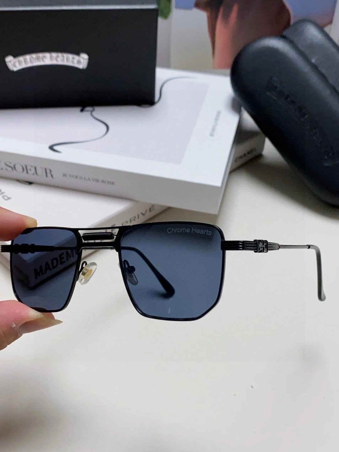 Chrome Hearts Sunglasses Small Square Retro Frame Sunglasses Slimming Non-Prescription Driving Beach Fishing Unisex Couple Style UV Protection25ss New Sports Casual Versatile