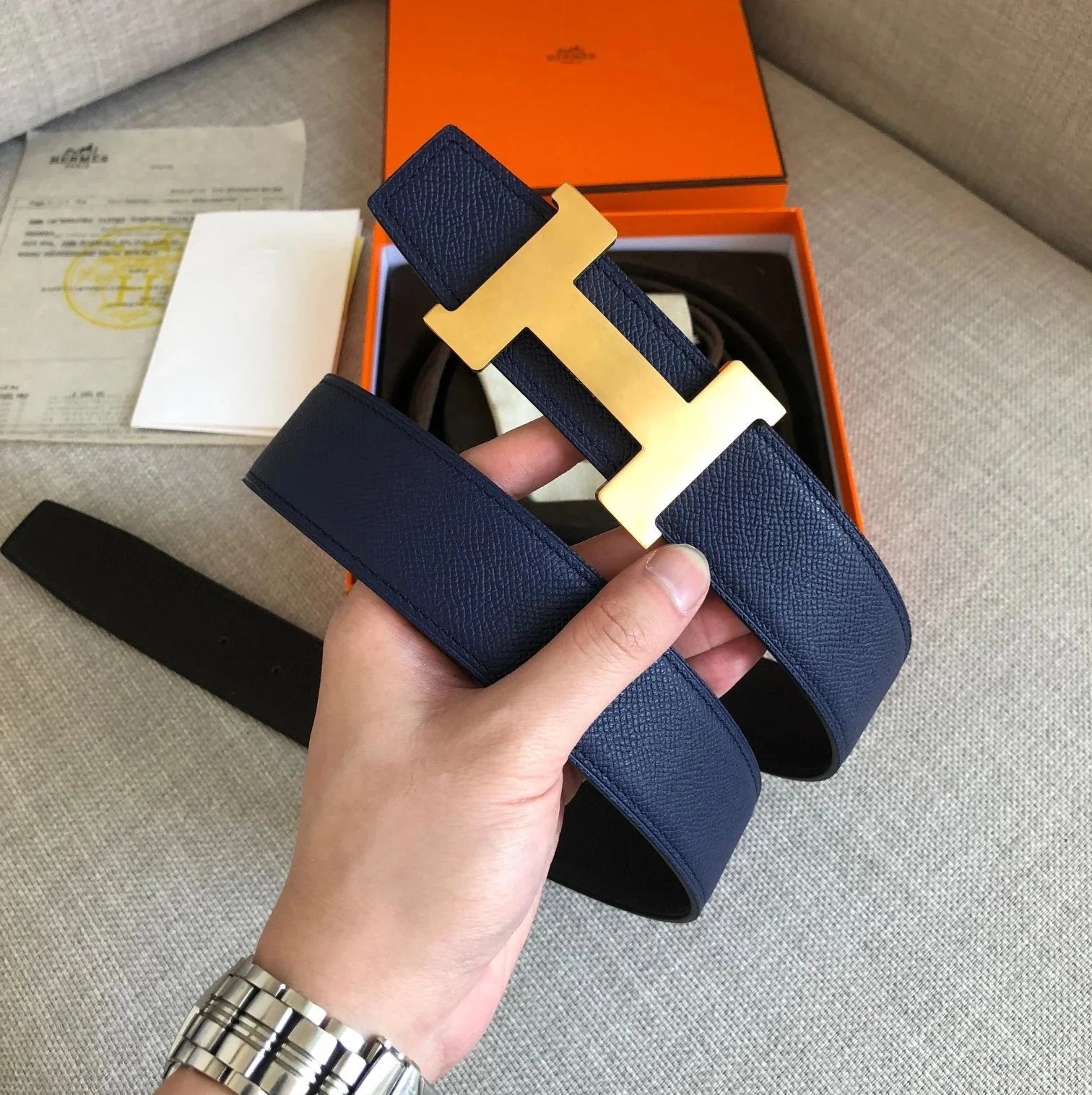 Hermes Belt Top version 3.2/3.8Men's Women's Belt Genuine Leather Double-Sided Belt Italy Imported Cowhide Leather Pure Original Leather Pure Steel Buckle Litchi Pattern h Home h Buckle1