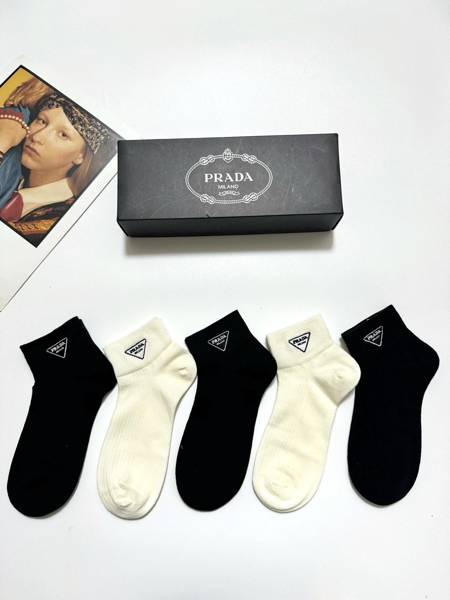 PRADA Sock 【a Box5Double】Classic Triangle Logo logo Breathable Fashion25ss New Short Tube Cotton Socks Spring Summer Autumn Sports Casual Versatile Business Thin Deodorant Sweat-Absorbing