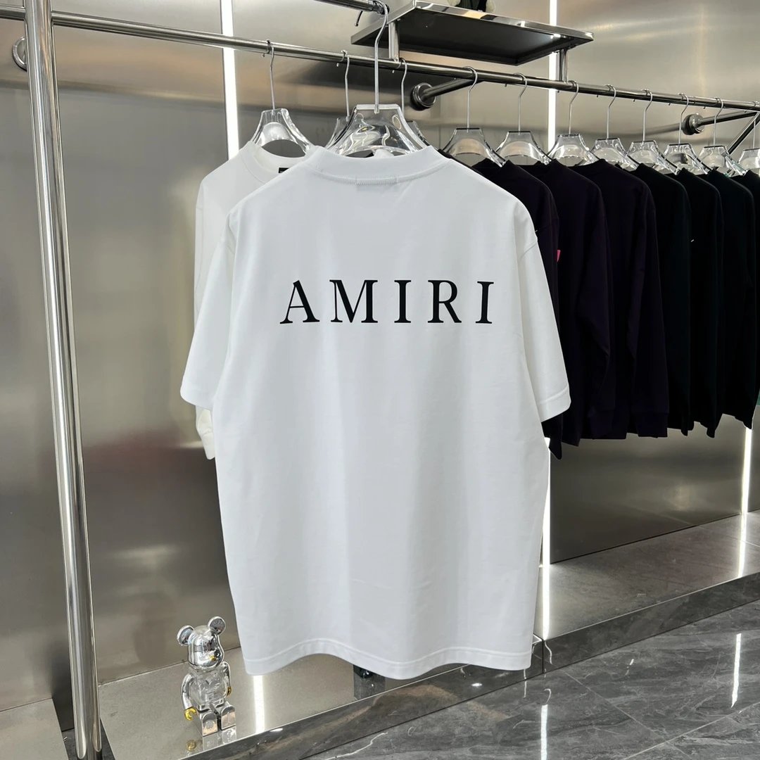 Amiri T-shirt Printing logo Round Neck Short Sleeve Pure Cotton Unisex T Shirt Bottoming Shirt OS Loose Fit T-Shirt