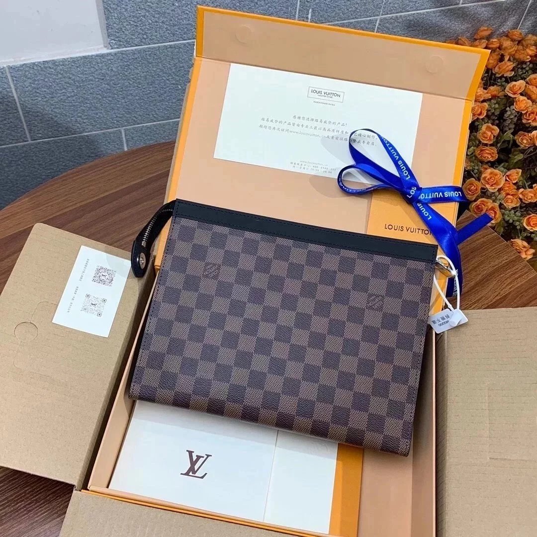 Louis Vuitton LV Wallets/Clutches Top version New upgrade version PochetteVoyage Medium Handbag Men's Clutch Clutch Bag M61692Black Flower M44466Presbyopic M41696Coffee color lattice M69535Black and Gray