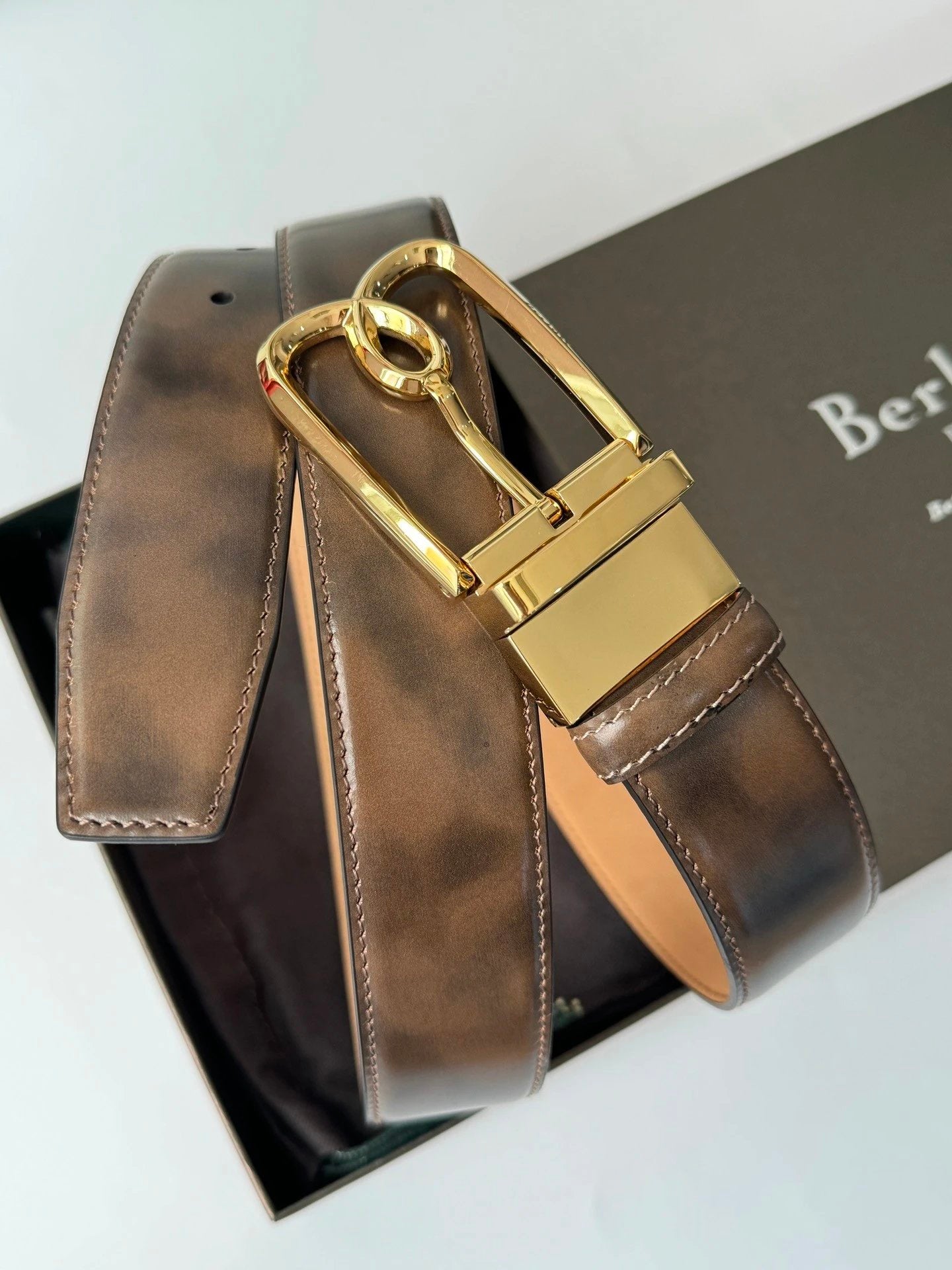 Berluti Belt Top version Original Single Men's New High-End Double-Sided Belt Waist Belt Pure Steel Rotating Pin Buckle Buckle Double-Sided Two-Color Totem Carving Carved Genuine Leather35mm Full Package Belt Men