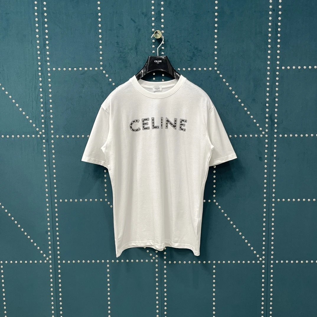 Celine T-shirt Front Chest Letter Patch Rivet logo round Neck Short Sleeve25ss New pure cotton T Unisex T-Shirt OS Drop Shoulder Loose Fit Base Shirt Top T-Shirt Short Sleeve