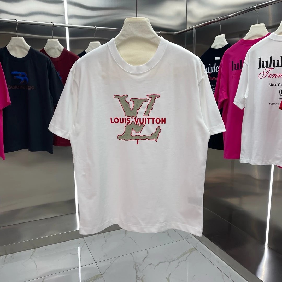 Louis Vuitton LV T-shirt Silicone 3D Flocking Process Round Neck Short Sleeve25ss New Pure Cotton Unisex Style T T-shirt OS Loose Fit Base Shirt G Home Top Half Sleeve T-Shirt