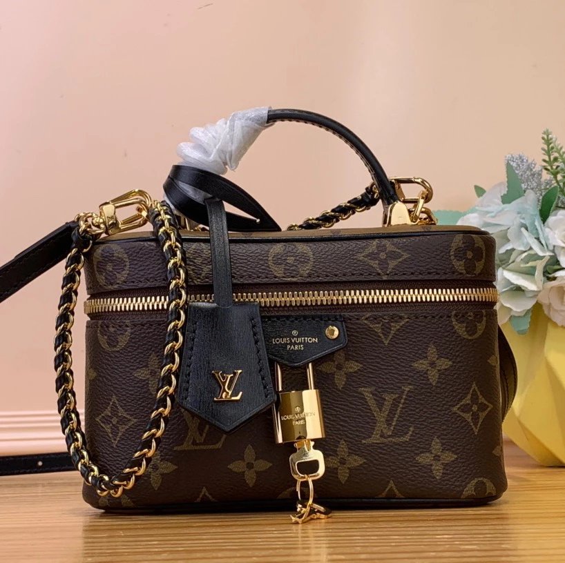 Louis Vuitton LV Women's Bag Top version 【High Quality Original Leather】24New vanitypouch Cosmetic Bag Full-Body Presbyopic Full-Printed Zipper Opening and Closing Small Waste Bag Strap Lock Head Portable Cosmetic Bag Chain Portable Box Bag Bucket Bag Sho