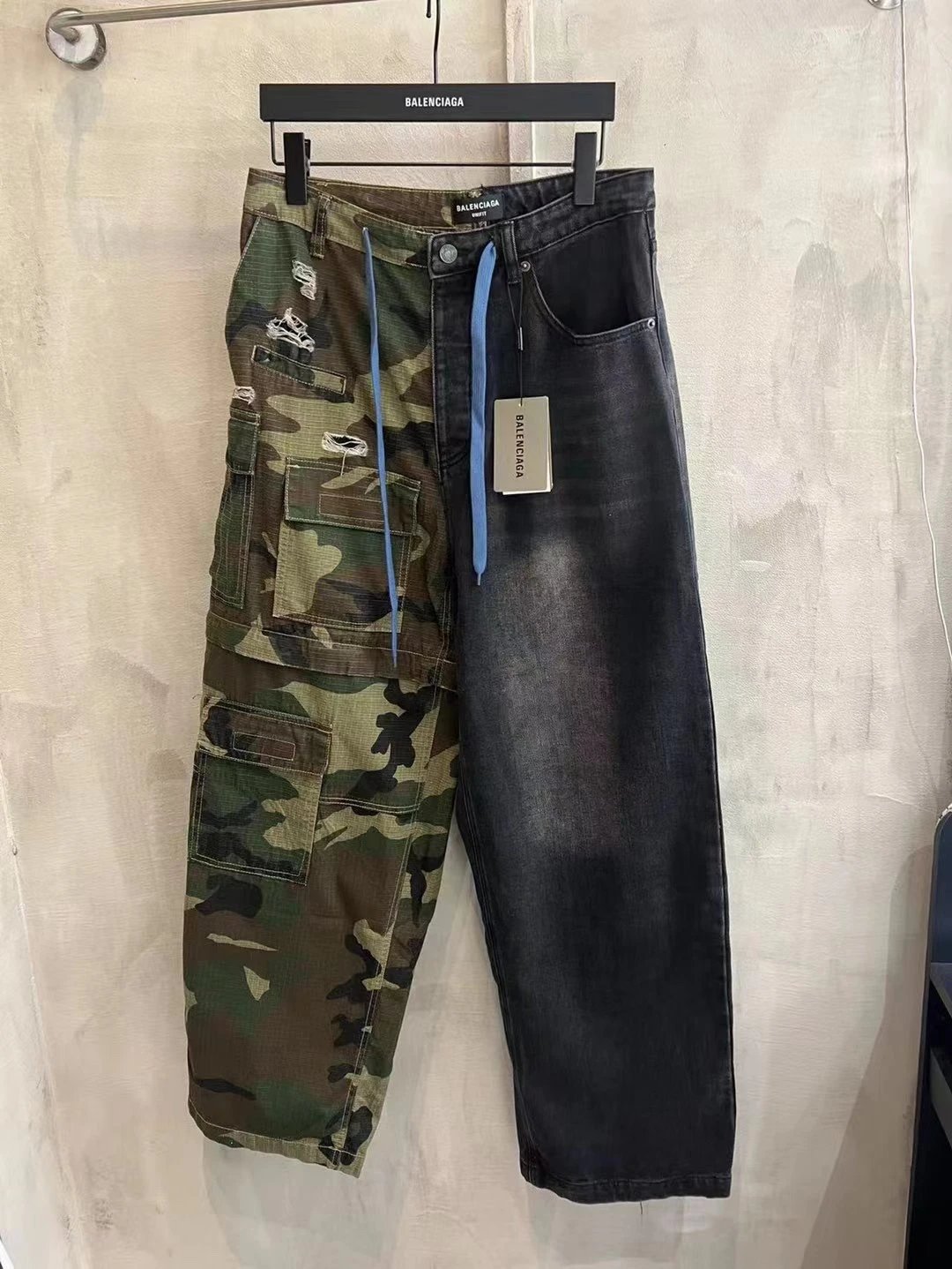 Balenciaga Jeans Camouflage Color Woven Plaid Cargo Pants Patchwork Jeans Autumn Winter New Unisex Loose Casual Wide Leg High Waist Long Pants