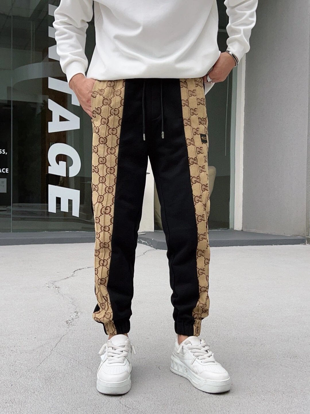 Gucci Sweatpants Full Print logo Embroidered Color Matching Ankle-Tied Sweatpants Sports Pants Autumn Men's and Women's Same Long Pants Drawstring Winter Loose plus Size Casual Pants High Waist Contrast Color