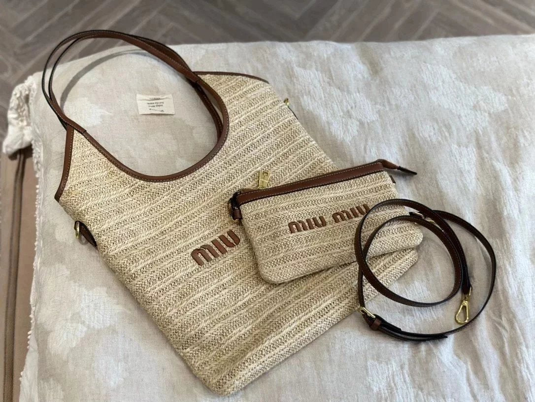 Miu Miu Bag Top version MIUMIU MiaoMiao Women's Bag2024Spring and Summer New IVY Straw Woven Vertical Shopping Bag hobo Tote Bag Underarm Bag Shoulder Handbag Mother and Child Bag