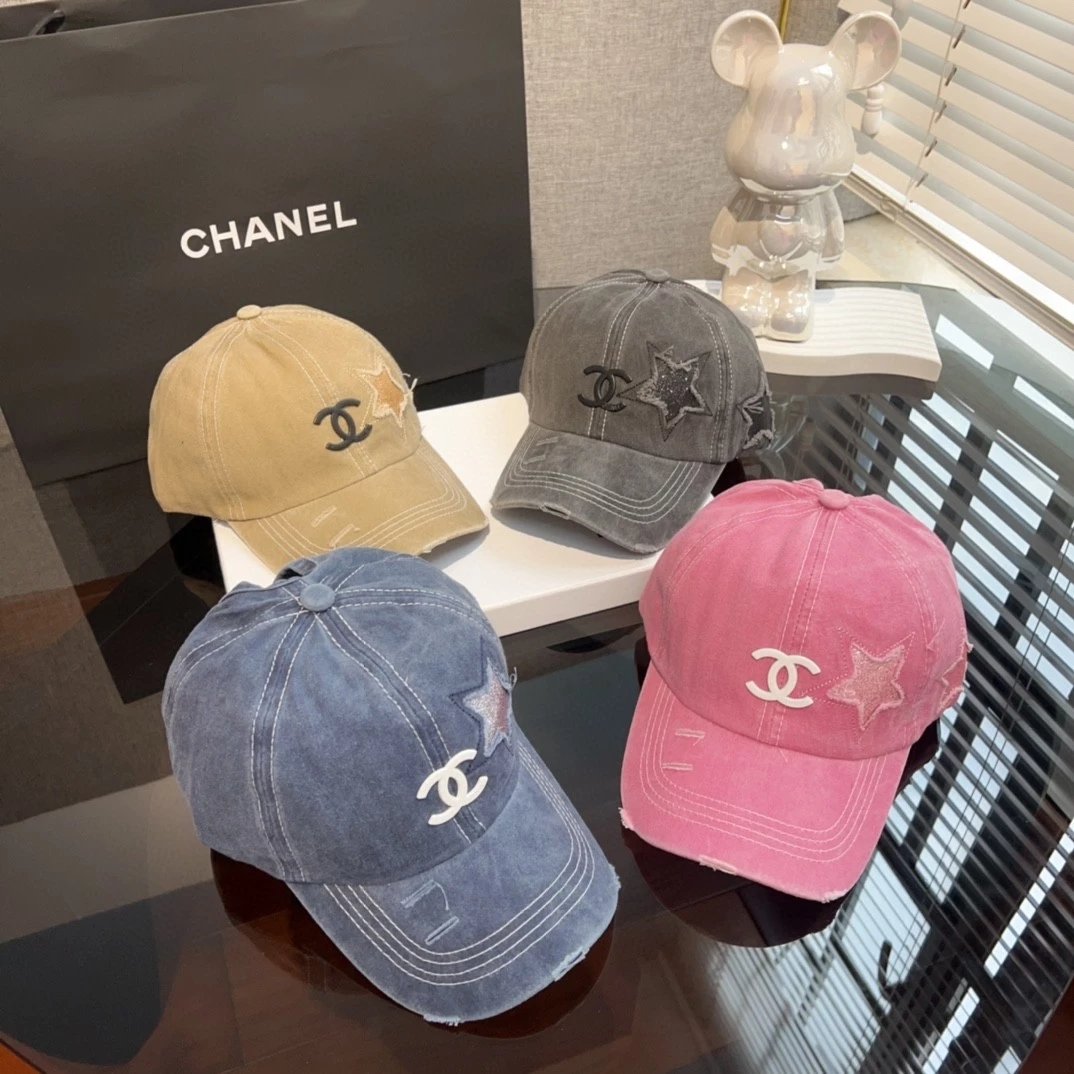 Chanel Hat Ripped Five-Pointed Star Rose Pink Baseball Hat,Ponytail Special,Women's Retro Retro Retro All-Match Face-Looking Small Wash Denim Peaked Cap