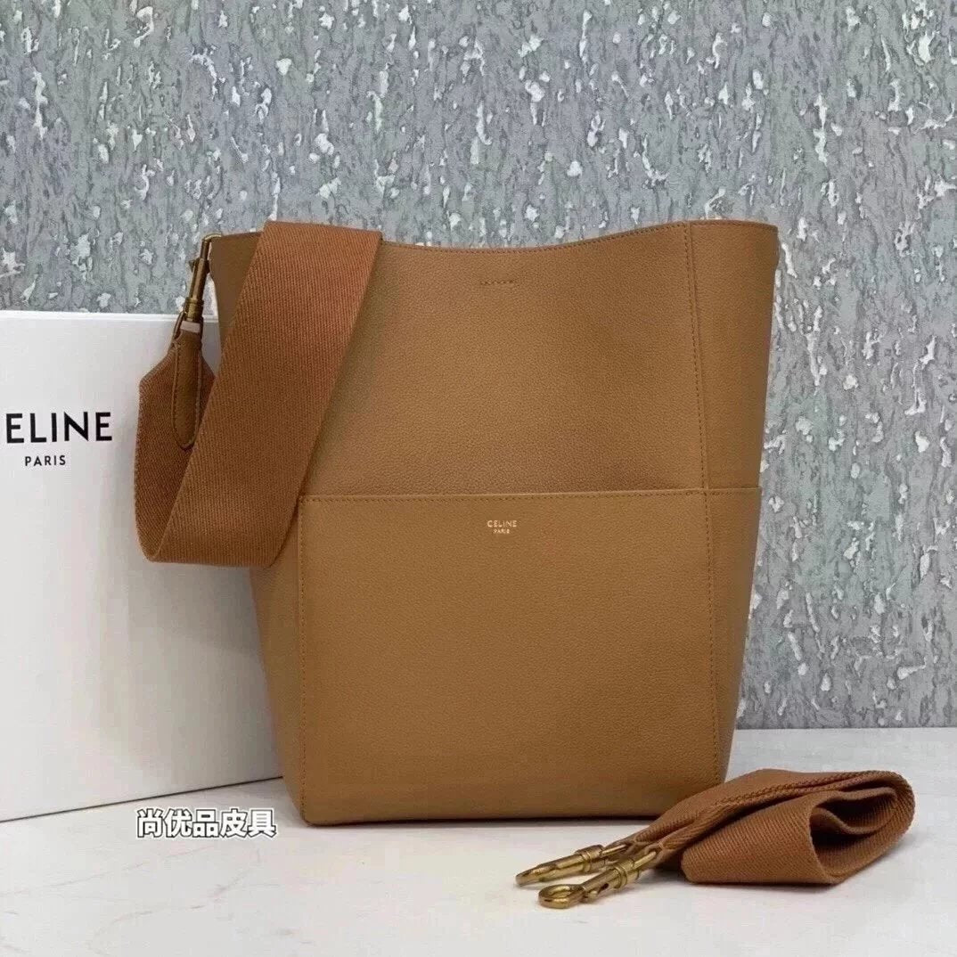 Celine women's bag Top version 【Level Surrogate Shopping】Large Size SeauSangleBucket Large Bucket Bag tote Tote Bag Litchi Grain Cowhide Commuter Bag Celine Women's Bag Mummy Bag sangle Bucket Bag Large