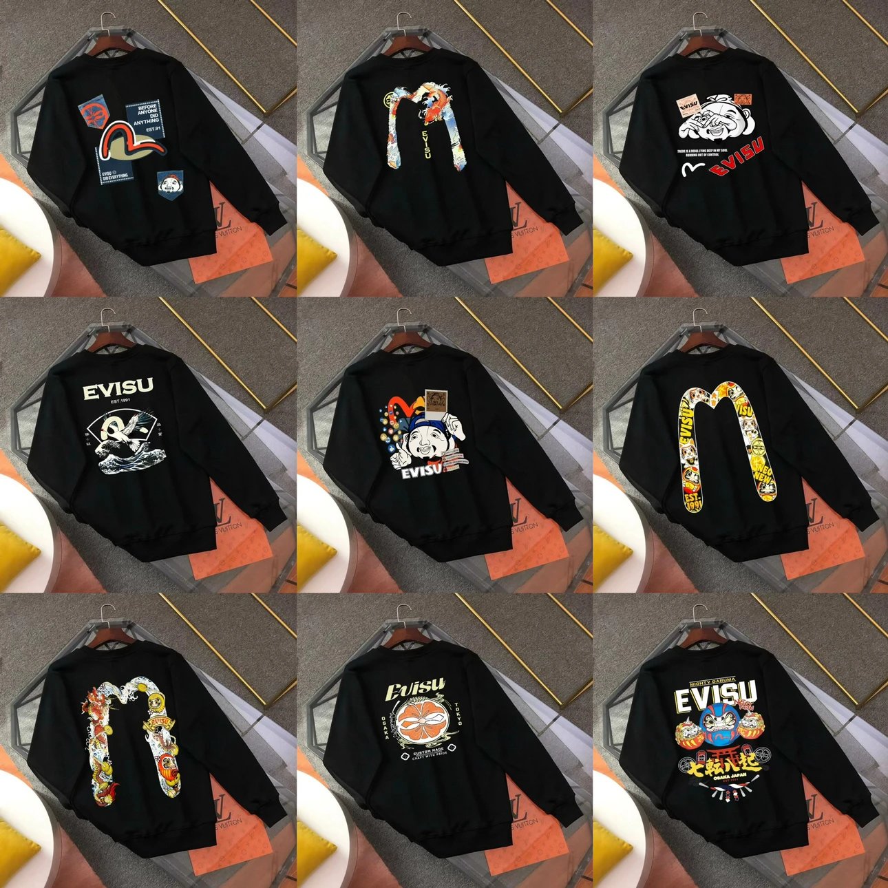 Evisu Hoodie Top Version Counter Same Style Loose Pullover Top Men's Cotton Sports Casual Fashion Brand Women's round Neck Sweater